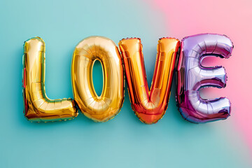 Dimensional text Love from foil balloons. Pastel colors