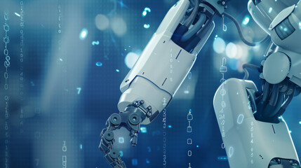 artificial intelligence concept, of a orange robot arm working on factory, with connect digital blue triangle network lines, white glow robot, blurred blue background, generative ai