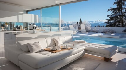 Wide angle shot of a modern bright futuristic living room with sliding windows overlooking the winter landscape outside the window - obrazy, fototapety, plakaty