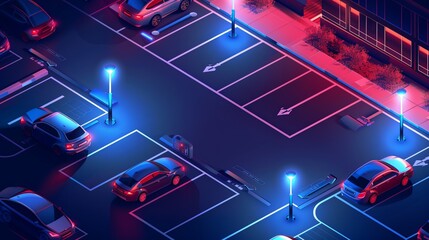 An isometric vector illustration of a parking lot at night, featuring advanced illumination technology for smart navigation and parking guidance