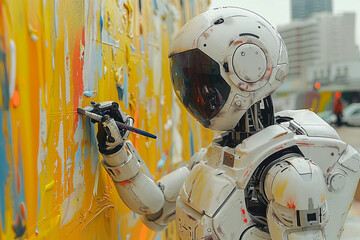 a white robot is painting on a canvas,generative ai