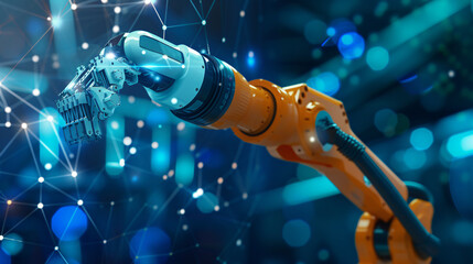 artificial intelligence concept, of a orange robot arm working on factory, with connect digital blue triangle network lines, technology data, blurred blue background, generative ai