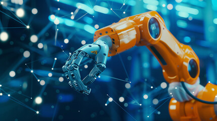 artificial intelligence concept, of a orange robot arm working on factory, with connect glowing blue triangle network lines, data flow, blue background, generative ai
