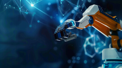 artificial intelligence concept, of a orange robot arm working, with connect glowing blue triangle network lines data, blue background, generative ai