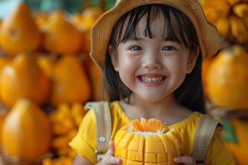 Fototapeta premium Young girl in a yellow dress delightfully eating a mango with a joyful expression