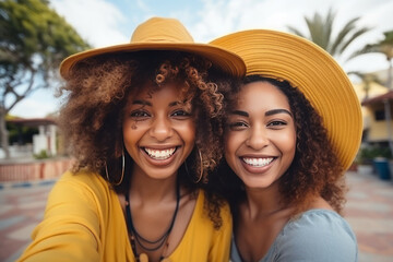 Afro hair girls taking selfie with best friends at sunset - Happy multiracial group of students having fun with smartphone camera outdoors - Warm sunny halo filter with vintage tones - obrazy, fototapety, plakaty
