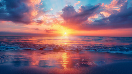 Fototapeta na wymiar Beautiful colorful sunset over the ocean with dramatic clouds. A stunning view of an endless horizon, where red and purple hues blend in the sky, creating a breathtaking natural spectacle