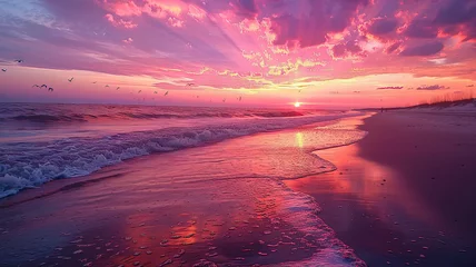 Foto op Canvas Beautiful colorful sunset over the ocean with dramatic clouds. A stunning view of an endless horizon, where red and purple hues blend in the sky, creating a breathtaking natural spectacle © sanjit536
