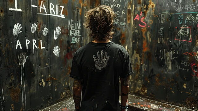 a man in a black shirt with a handprint left in chalk on his back, inscription "1 APRIL" at left on image,generative ai
