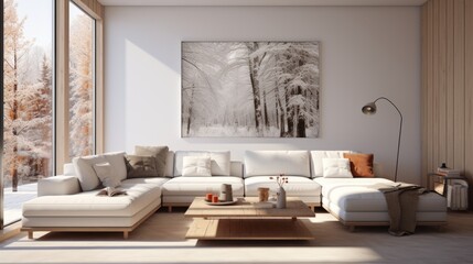 Fototapeta na wymiar ?ozy, bright apartment with huge panoramic windows flooded with sunlight. bedroom in white, beige tones. stylish living room with coffee table and large white sofa