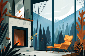 Illustration of house interior, hygge style.