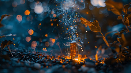 A orange firecracker flashes beautiful sparks, the parks are made by coffee beans,generative ai - obrazy, fototapety, plakaty