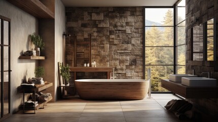 Interior design of a bathroom in a luxury American home in a rustic style using stone and wood, Venetian plaster and bright colors.