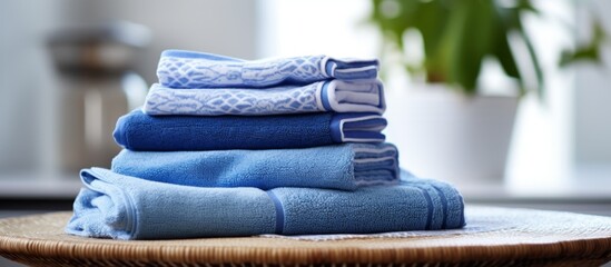 A close-up view of a neat pile of soft towels placed on top of a rustic wicker table - obrazy, fototapety, plakaty