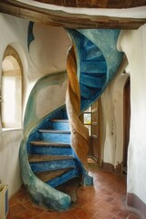 beautiful blue spiral staircase. Design. Wooden. indigo. retro