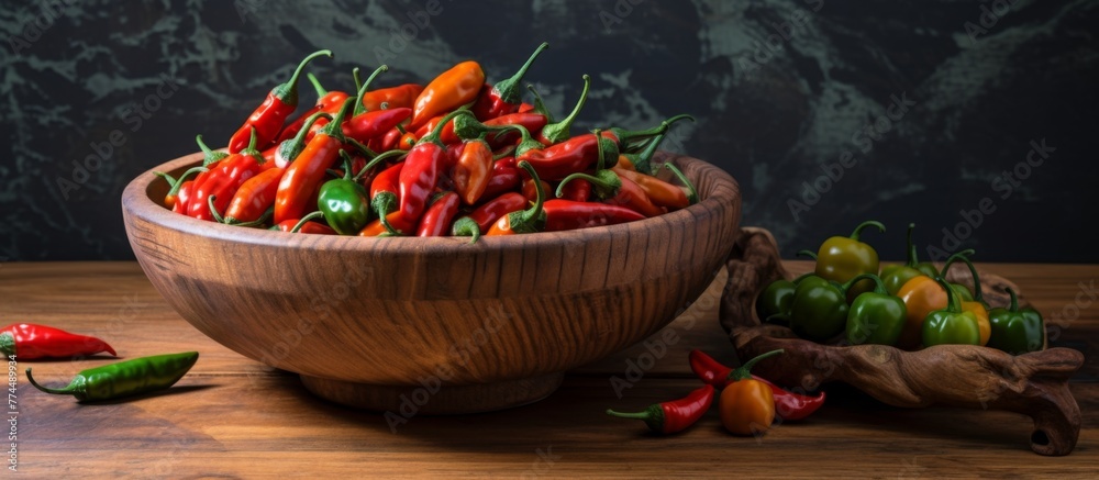 Canvas Prints a rustic wooden table displaying a colorful assortment of fresh and vibrant chili peppers in a bowl