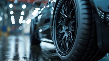 Dynamic close-up of a high-performance sports car wheel in a professional auto repair garage