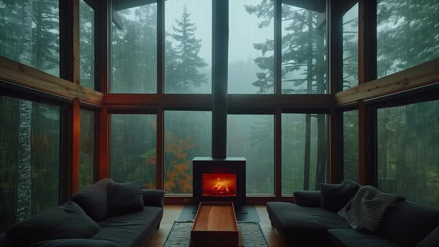 modern living room with fireplace, rain window, endless looped motion UHD 4K video