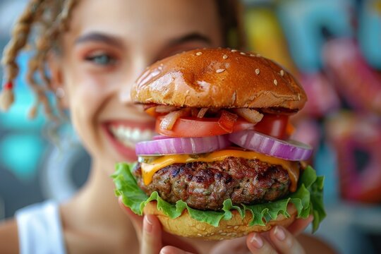 Teenage girl with a joyful expression holding a delicious cheeseburger