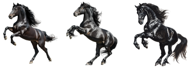 black horse rearing up on its hind legs isolated  on transparent background. 
