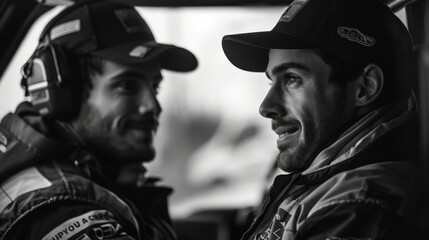 A monochrome portrait of a rally driver and co-driver sharing a joyful moment inside the car. 