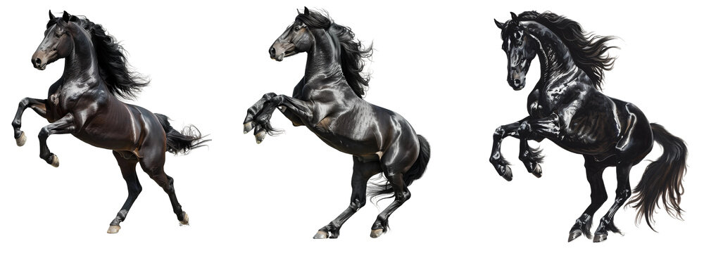 black horse rearing up on its hind legs isolated  on transparent background. 
