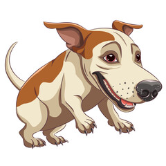 Vector drawing of a cheerful fat jumping dog isolated on a white background. - 774490518