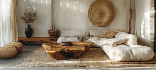Serene boho-style living room with natural wood furniture and chic decor