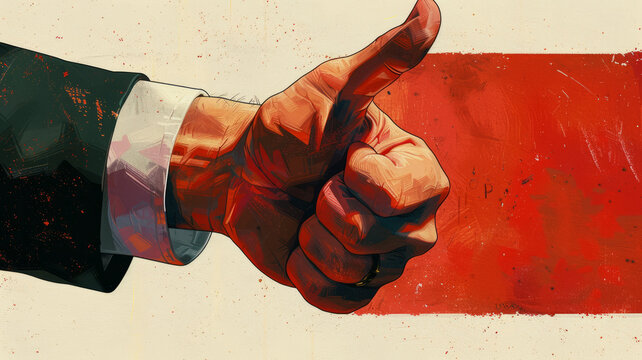 vintage poster in the style of the 60s, close up, businessman's hand showing thumb up, white background,generative ai