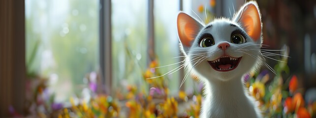 Cute cat smiling. Cartoon animation style. Created with Generative AI.