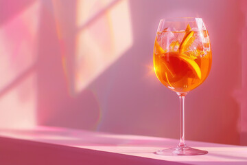 Refreshing summer cocktail on pink background in natural light, generative ai