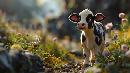 young black and white calf. Newborn baby cow. Created with generative AI.	