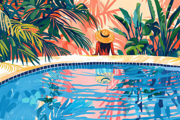 Illustration of woman in swimming pool. Exotic plants around.