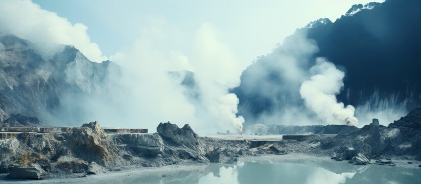 This expansive body of water is releasing visible steam into the air, creating a mystical and enchanting atmosphere