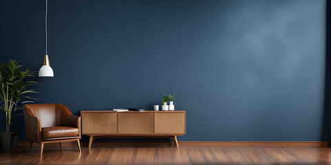 Living room with leather armchair on empty dark blue wall background
