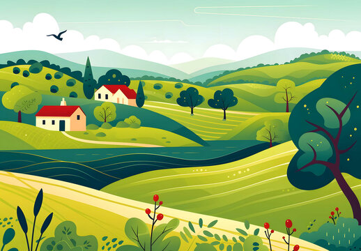 Nature. Cute illustration of landscape, village, countryside, meadow, field of flowers and mountains for poster, Made with generative ai