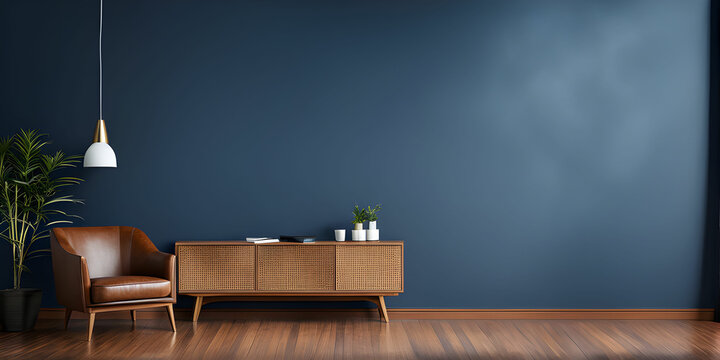 Fototapeta Living room with leather armchair on empty dark blue wall background 