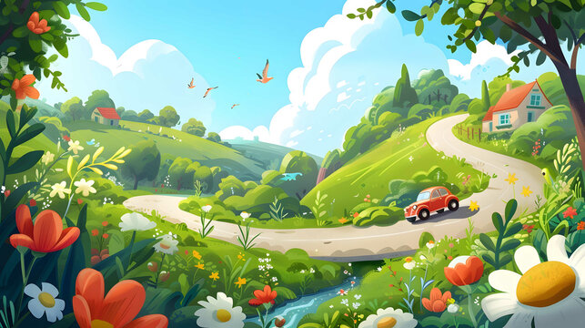 Spring landscape of forest with trees grass nature valley park with meadow and flowers field in spring with rainbow cartoon vector art illustration background