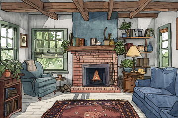 Illustration of house interior, hygge style.