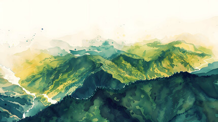 landscape painting on the spine and the top of the mountains covered with greenery with gentle valleys - obrazy, fototapety, plakaty