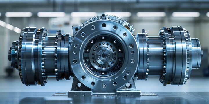 professional photo of large crome industrial gas compressor with a lot of gears inside,generative ai