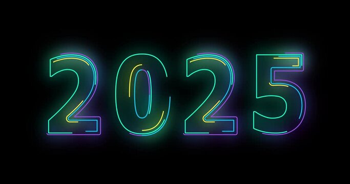 Bright neon illuminate digits 2025 new year design with neon glow. Abstract cosmic vibrant color backdrop. Glowing neon Congratulation Happy New Year 2025. Futuristic style loop new year animation
