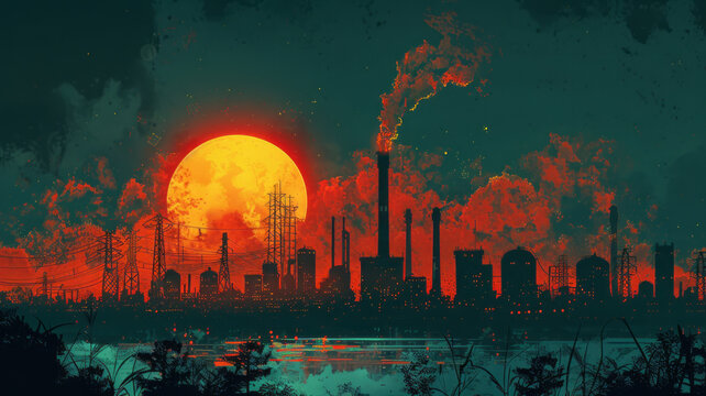 old poster retro Soviet style of energy machine engine providing electricy to a huge city, generative ai