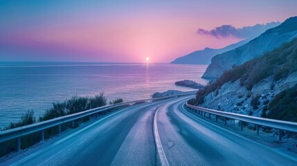 empty asphalt highway and blue sea nature landscape at sunset
