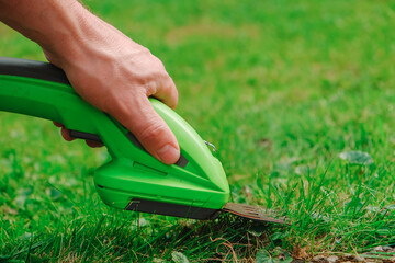process of cutting grass.Garden equipment and tools. lawn trimmer. electric trimmer in a mans hand close-up cuts the grass.  - obrazy, fototapety, plakaty