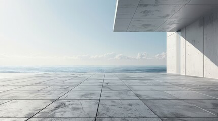 Empty concrete floor and gray wall. rendering of sea view plaza with clear sky background. - obrazy, fototapety, plakaty