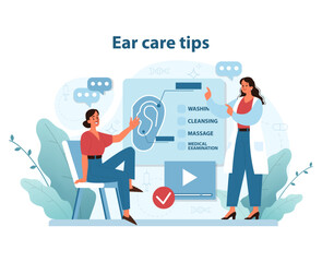 Ear Care Guidelines. Informative vector illustration showing the process of ear care including washing.