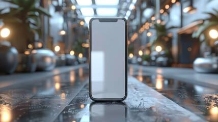 levitating blank screen mobile phone mockup with black blank screen, white studio background