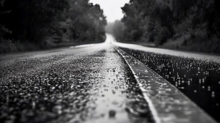 rain drop on wet asphalt road black and white style