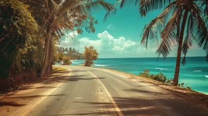 Road on tropical beach - obrazy, fototapety, plakaty
